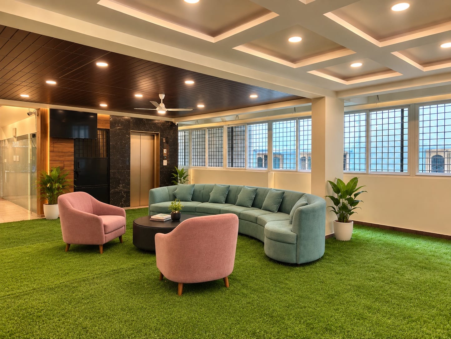 The lounge at Infinity Space, a gents PG near Nagasandra Metro in HMT Layout, Bengaluru